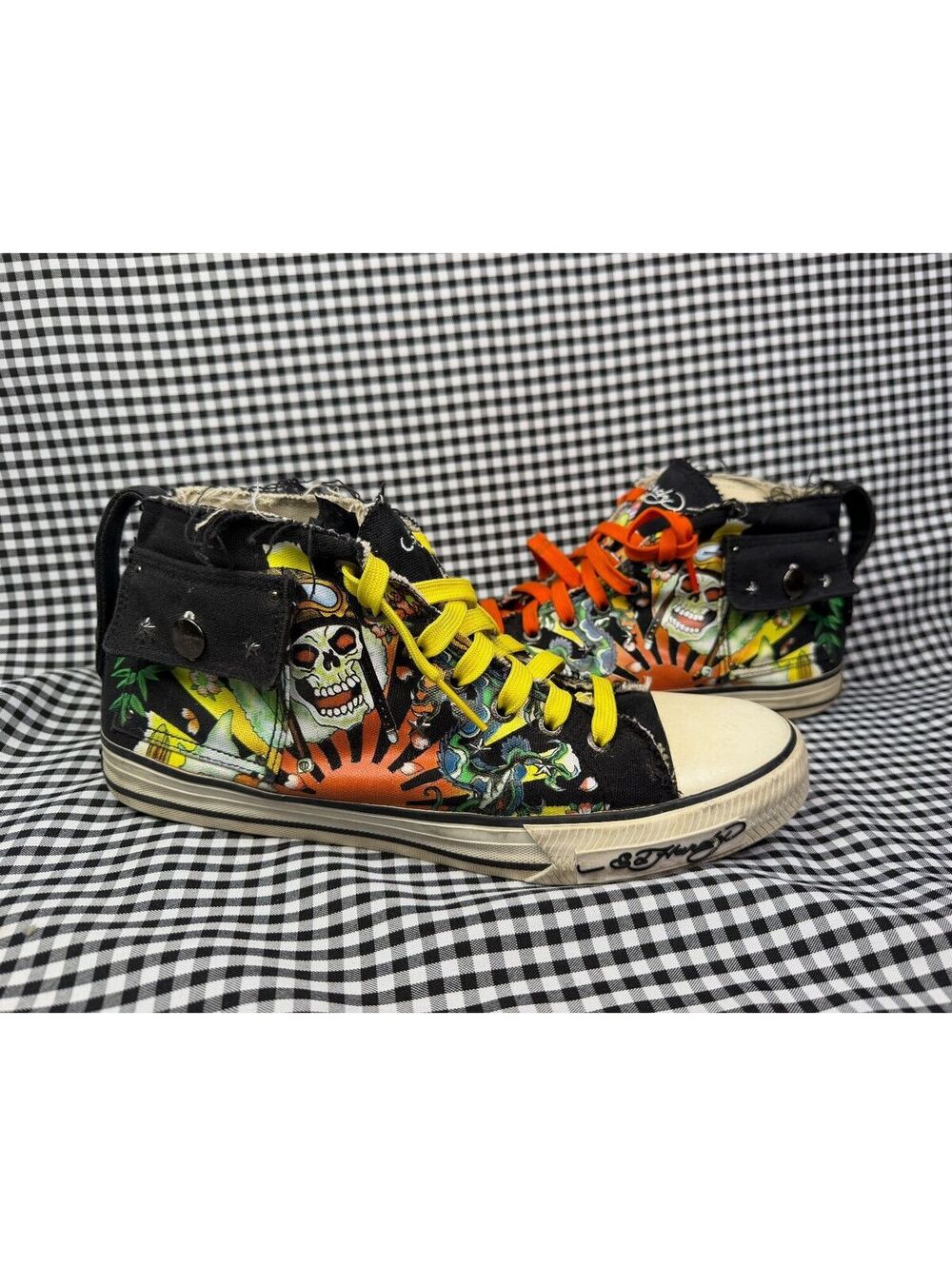 Vintage Ed Hardy High Top Sneakers Mens 11 Skull Tattoo Y2K Distressed Canvas